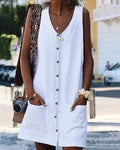 Robe Courte en Coton, Boutonnée, Sans Manches