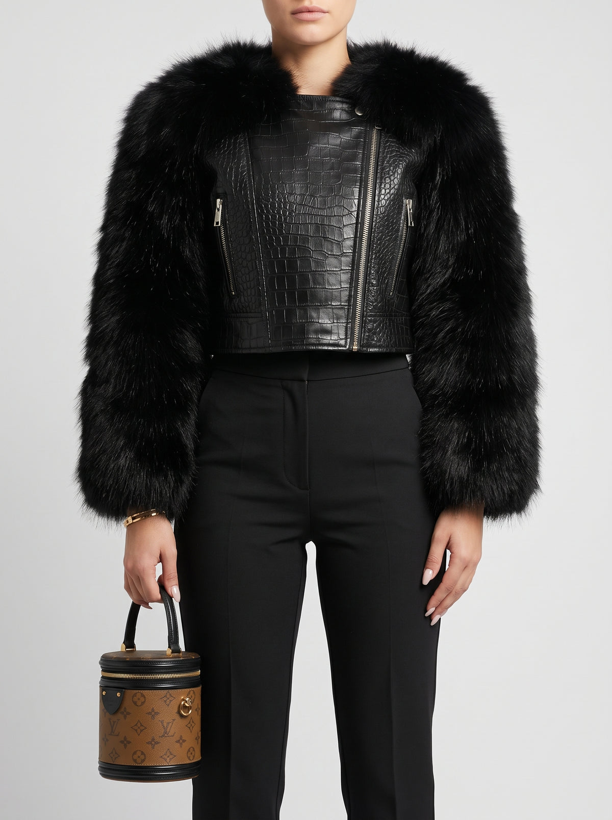 Veste Olympe en fausse fourrure à manches effet croco - Noir