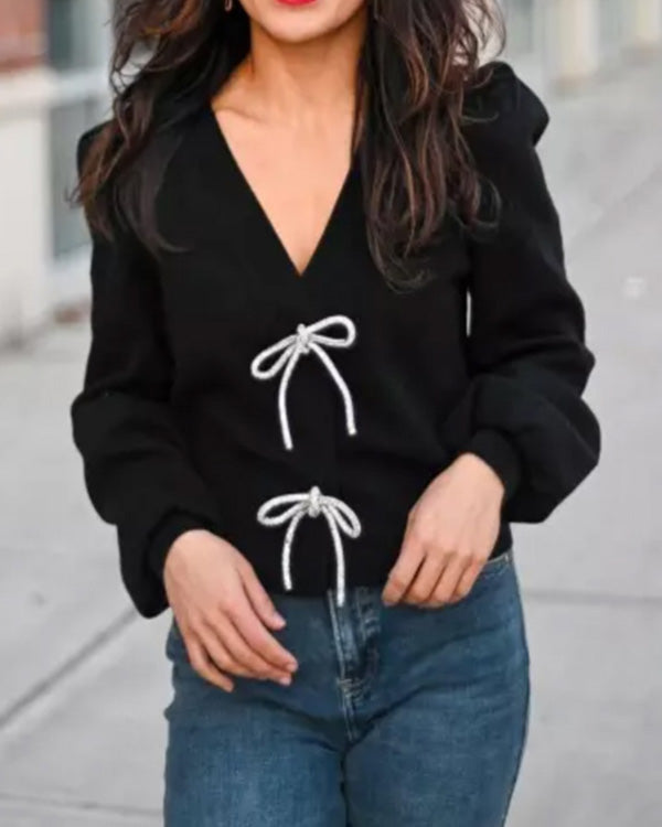 Cardigan Tendance, Col en V, Nœud Brodé