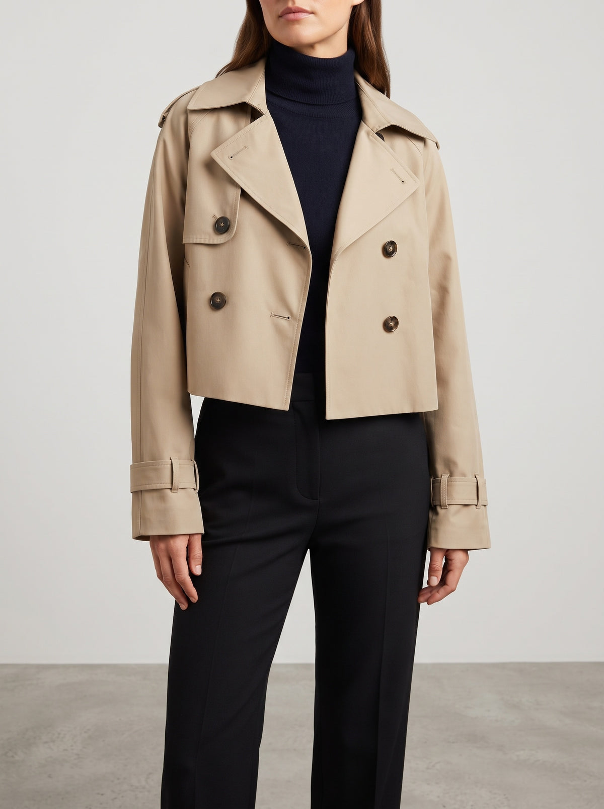 Bellatrix Horn-Button Cropped Trench Coat — Beige