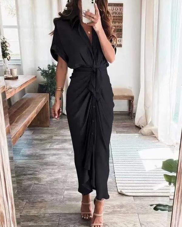 Robe Satinée Boutonnée, Col Chemise Drapé