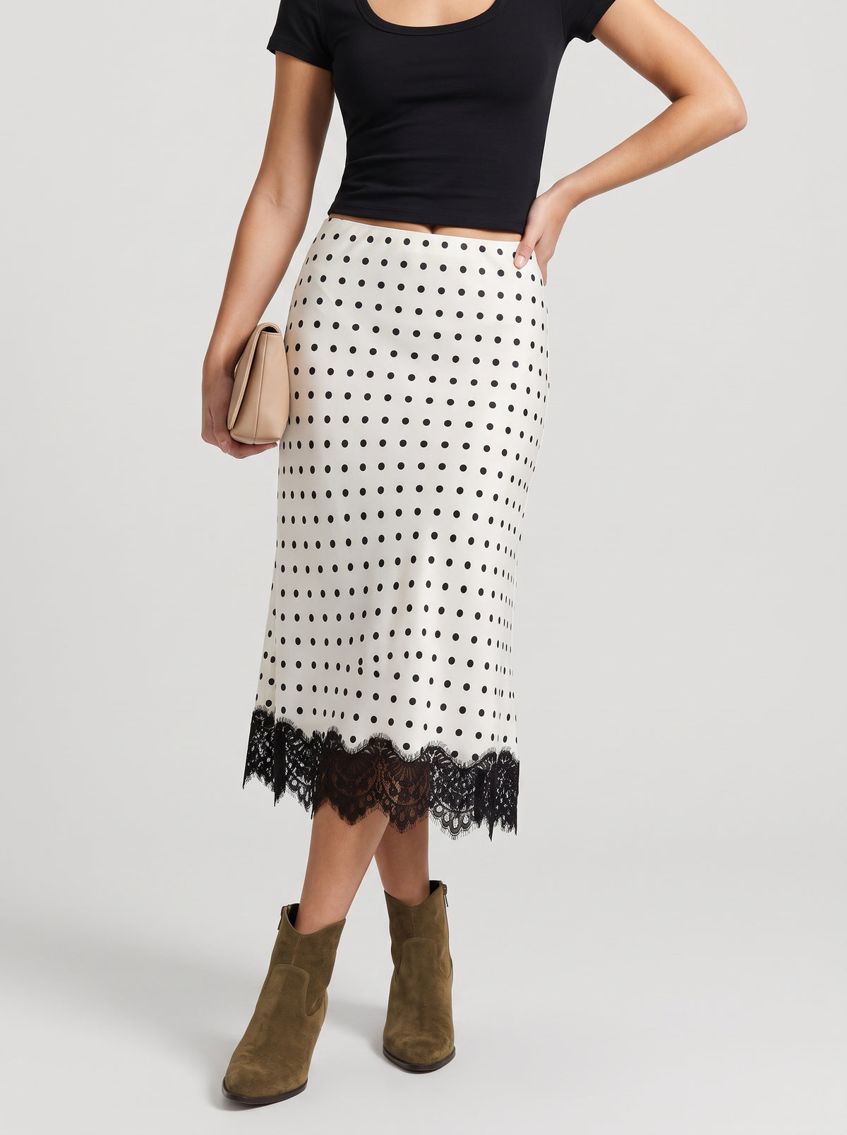 Nicky Retro Polka Dot Lace Midi Skirt — White