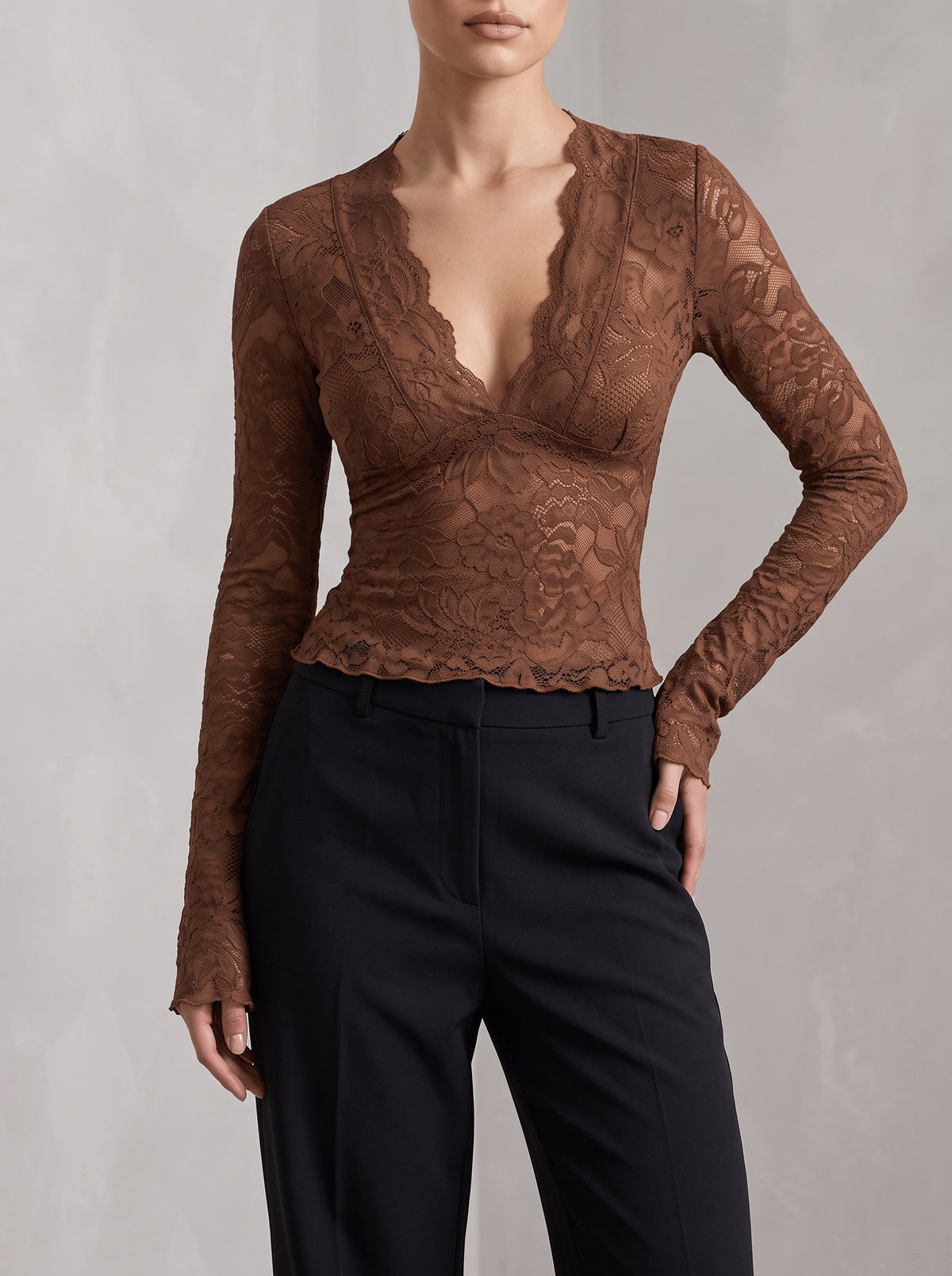 Sophia V Neck Lace Top - Brown