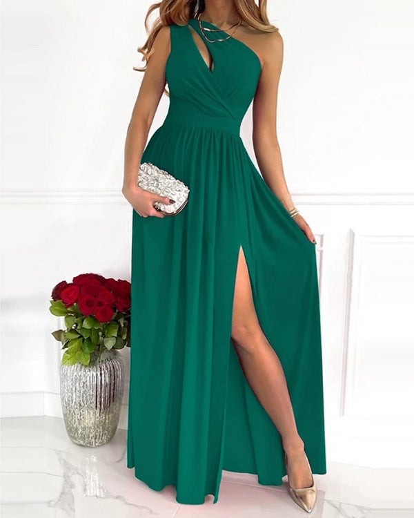 Robe Longue Épaule Asymétrique, Fente Haute