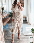 Robe Satinée Boutonnée, Col Chemise Drapé