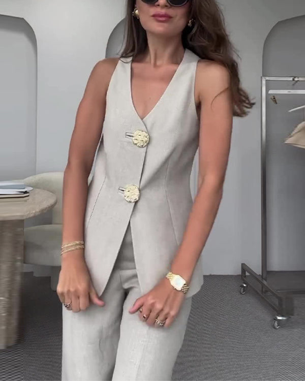 Ensemble Gilet à Gros Boutons Dorés et Pantalon Citadin 2 Pièces