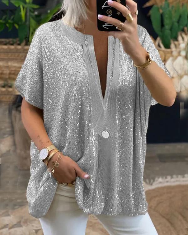 Top Ample Gracieux, Col en V, Sequins