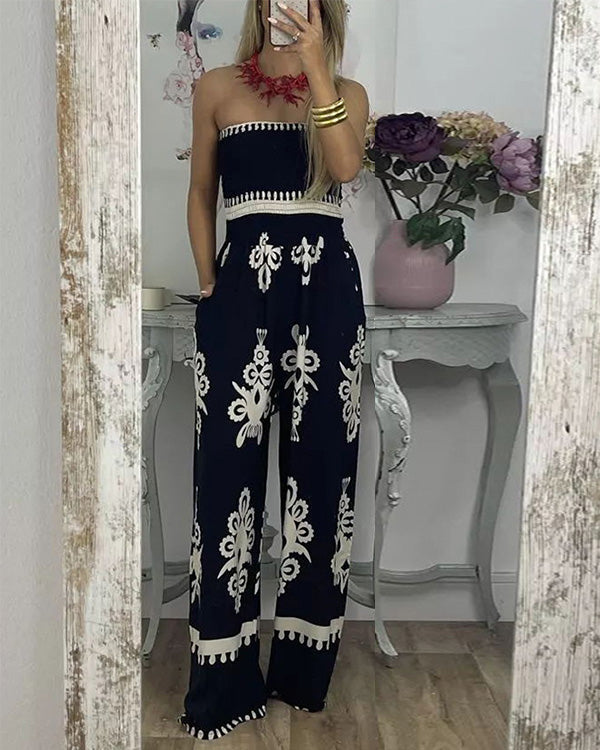 Combinaison Pantalon Large Bustier, Imprimé Totem