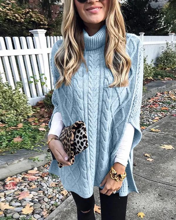 Pull Poncho Cape Col Roulé, Détail Torsadé