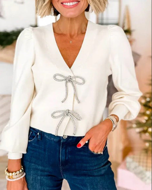 Cardigan Tendance, Col en V, Nœud Brodé