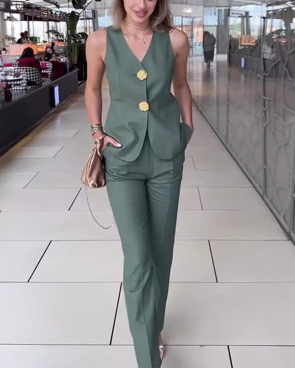 Ensemble Gilet à Gros Boutons Dorés et Pantalon Citadin 2 Pièces
