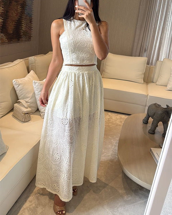 Ensemble Top Ajouré Sans Manches et Jupe en Coton, 2 Pièces