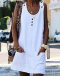 Robe Courte en Lin, Boutons et Poche