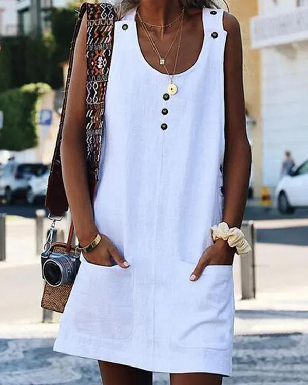 Robe Courte en Lin, Boutons et Poche