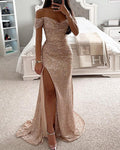 Robe de Soirée Longue, Col en V, Sequins et Fente