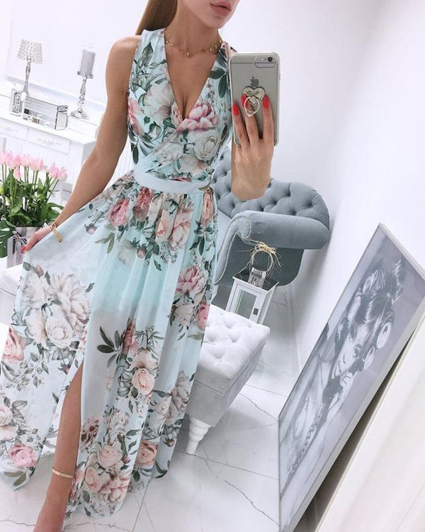 Robe Longue Fleurie en Mousseline, Style Bohème, Col en V