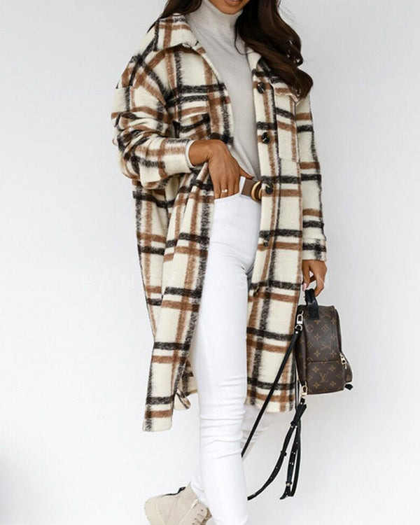 Manteau Long en Laine à Carreaux, Style Urbain