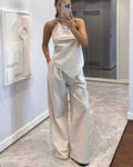 Ensemble Top Rayé Asymétrique et Pantalon, Une Épaule