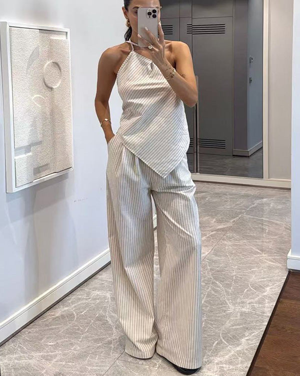 Ensemble Top Rayé Asymétrique et Pantalon, Une Épaule