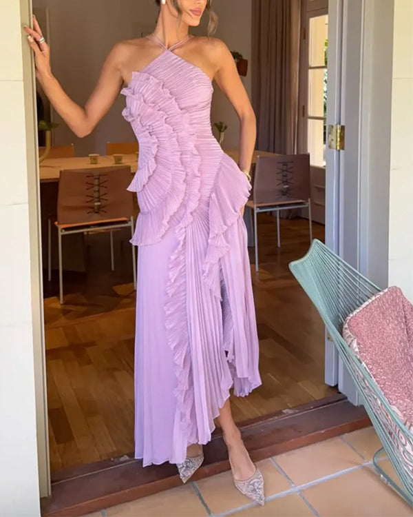 Lorelie · Robe Longue Plissée à Volants, Col Halter