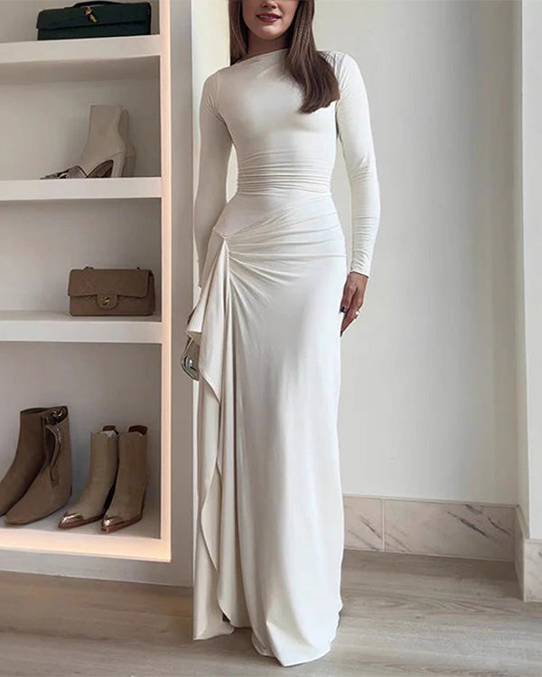 Robe Longue Drapée, Col Rond