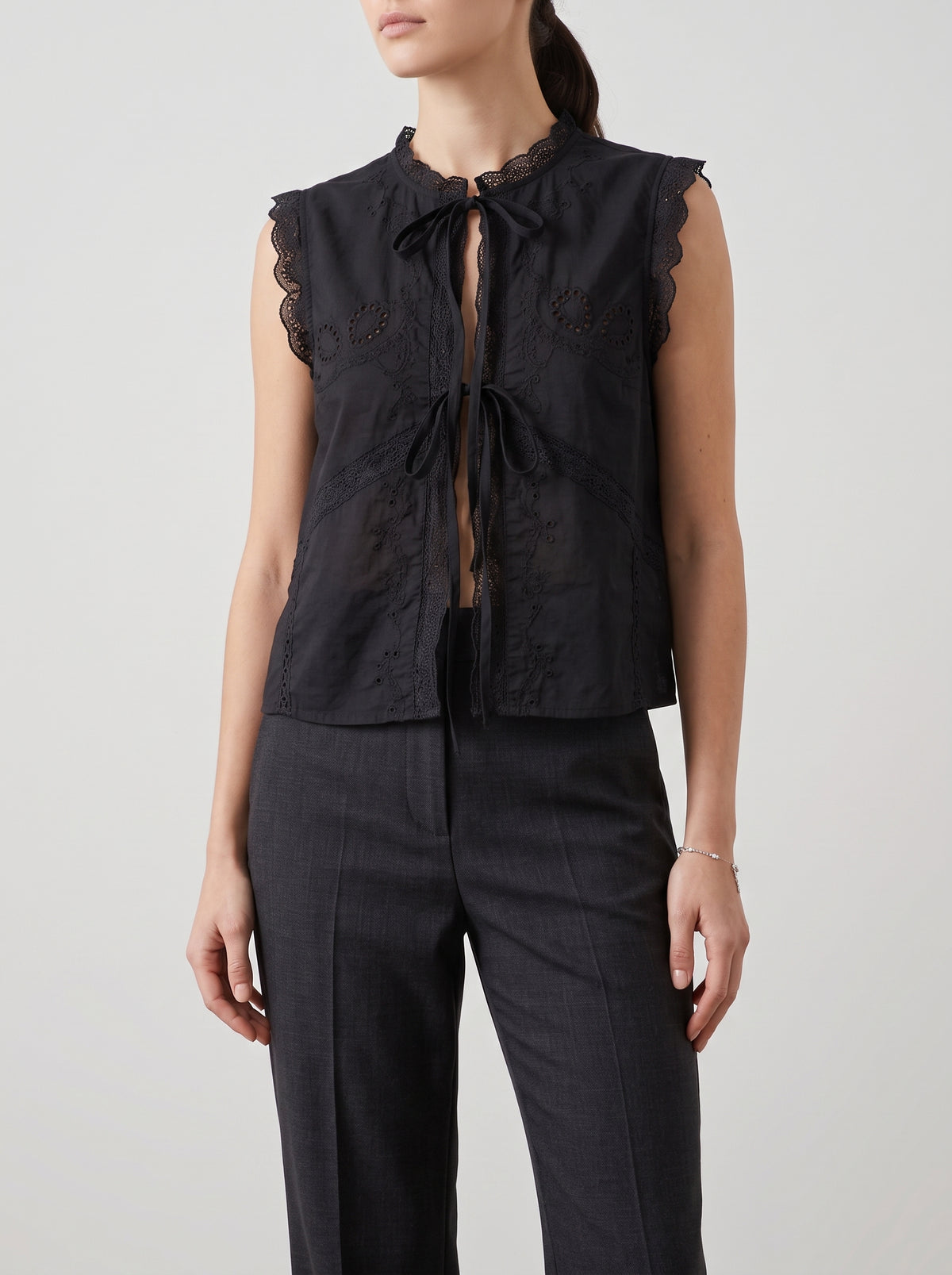 Juvie Embroidered Lace-Trim Blouse — Black