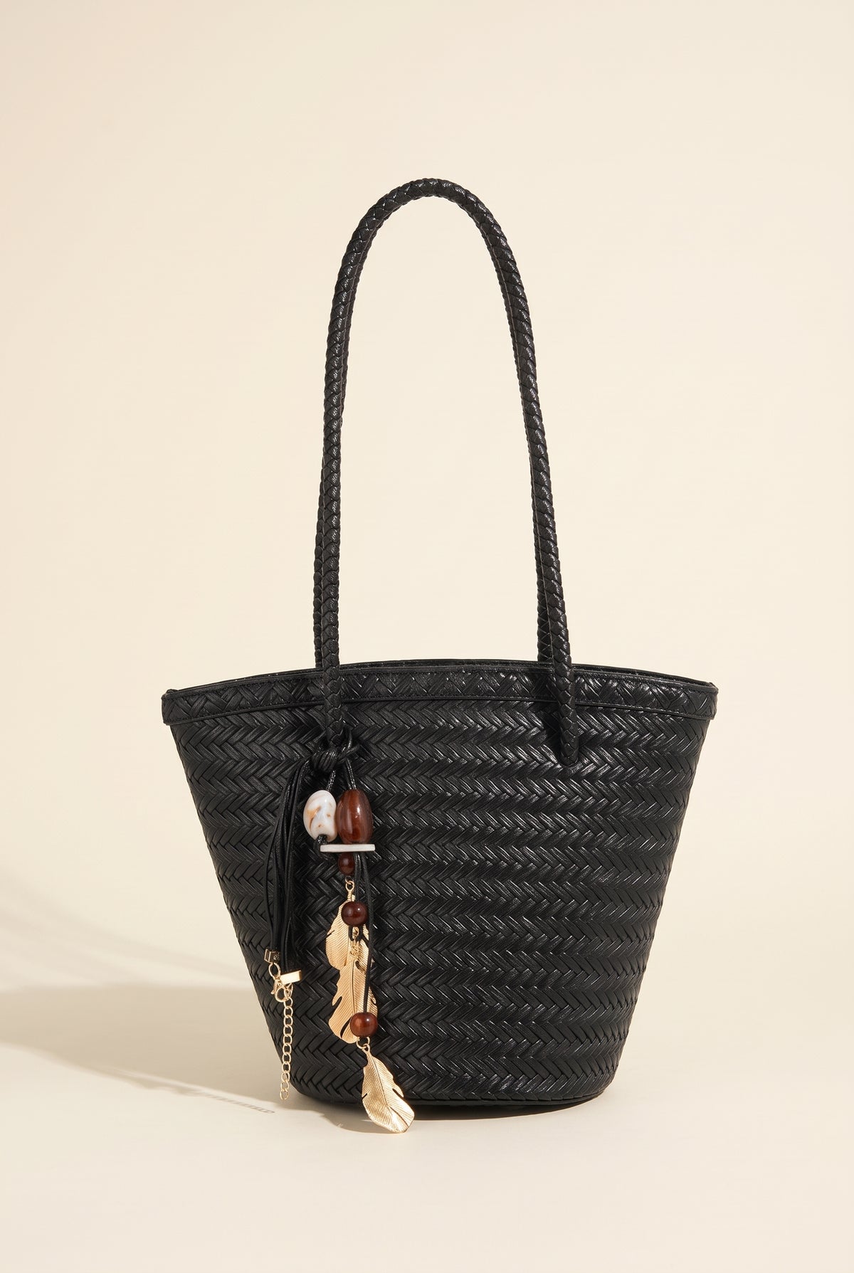 Meryl Woven Bucket Bag with Pouch — Black