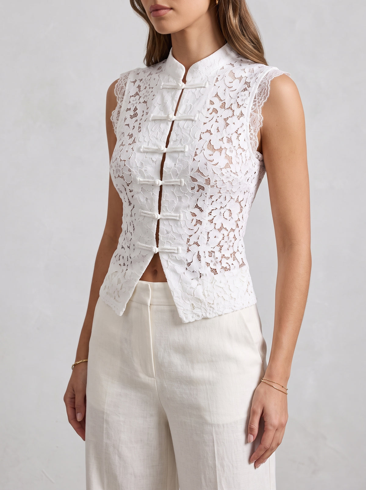 Odessa Cotton Lace Mandarin Collar Top — White