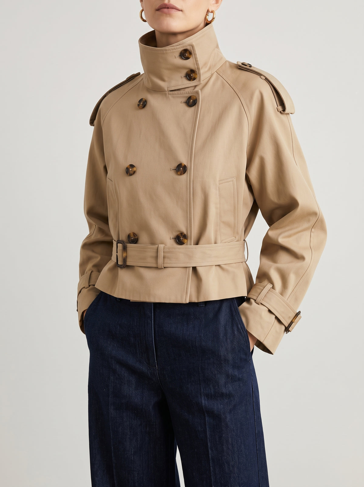 Sofie Cropped Belted Double-Breasted Trench Coat — Beige