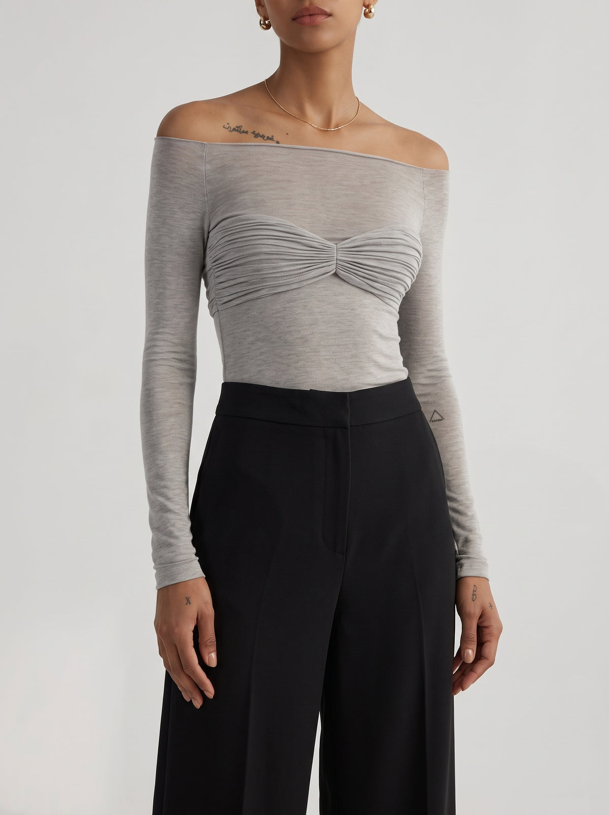 Sara Sheer Mesh Off-the-Shoulder Top - Grey