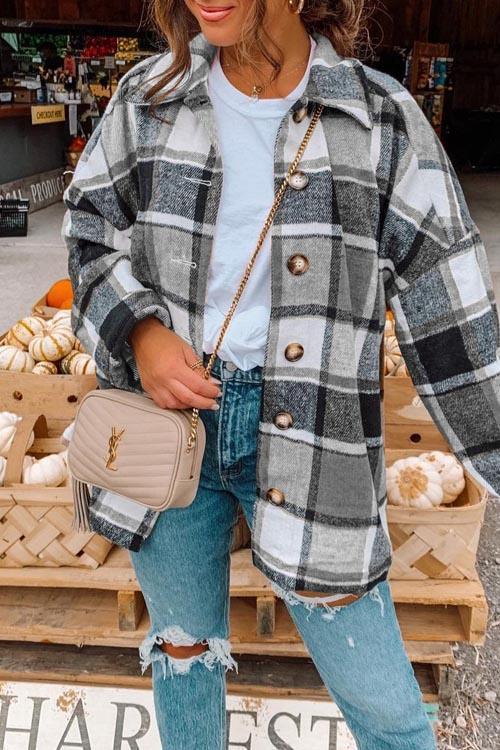 Manteau Chemise Épais à Boutons Métalliques, Carreaux Anglais