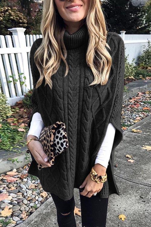 Pull Poncho Cape Col Roulé, Détail Torsadé