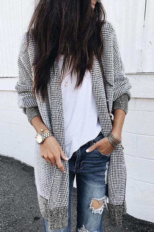 Manteau Long Noir et Blanc à Carreaux, Décontracté