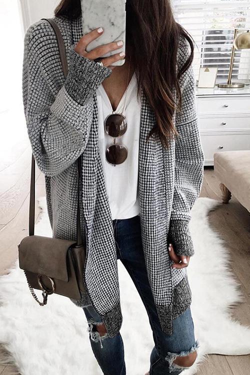 Manteau Long Noir et Blanc à Carreaux, Décontracté