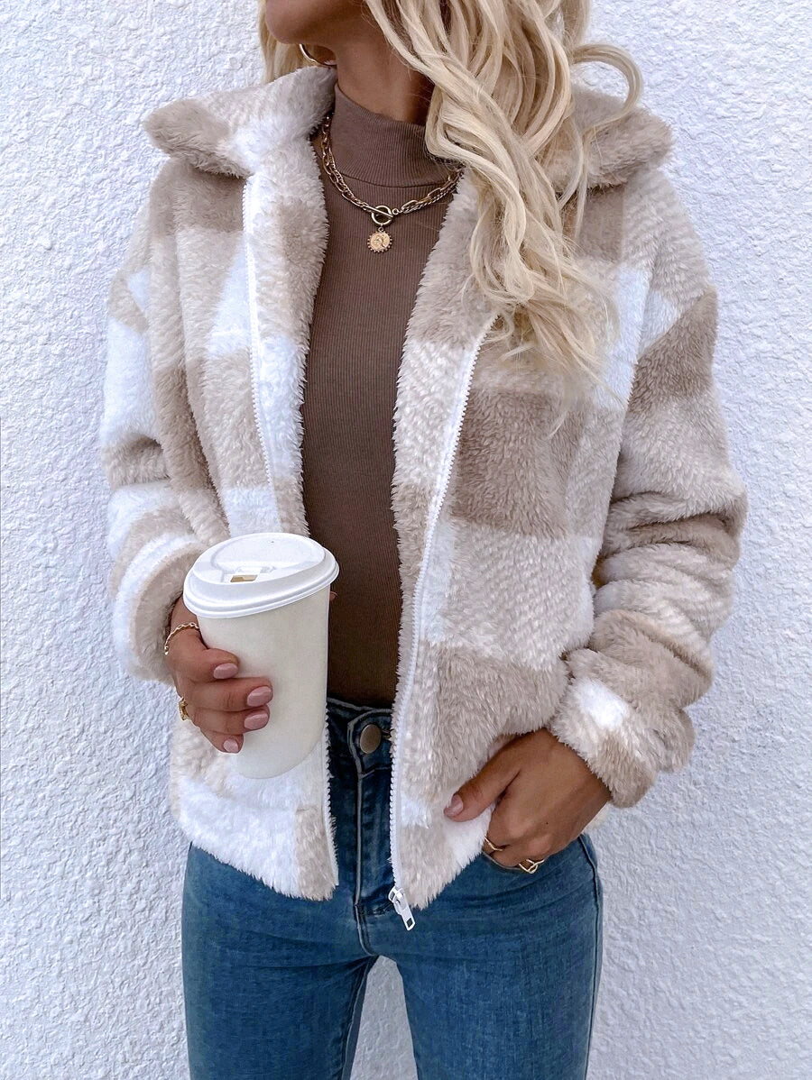 Manteau Polaire Doux à Carreaux Vichy, avec Zip