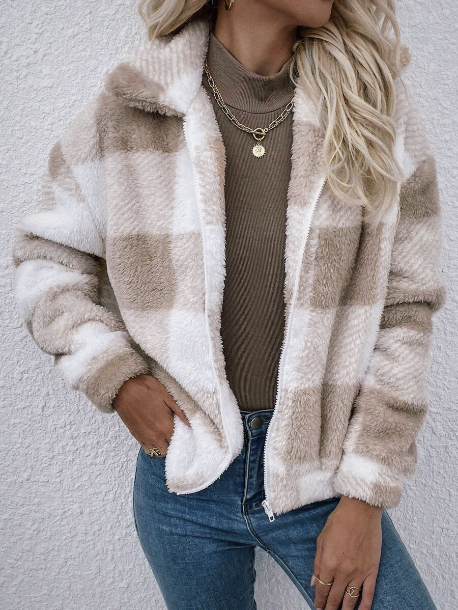 Manteau Polaire Doux à Carreaux Vichy, avec Zip
