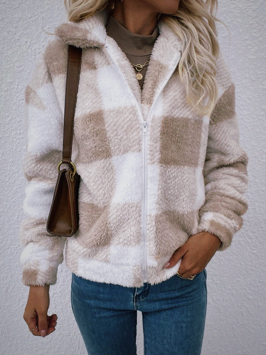 Manteau Polaire Doux à Carreaux Vichy, avec Zip
