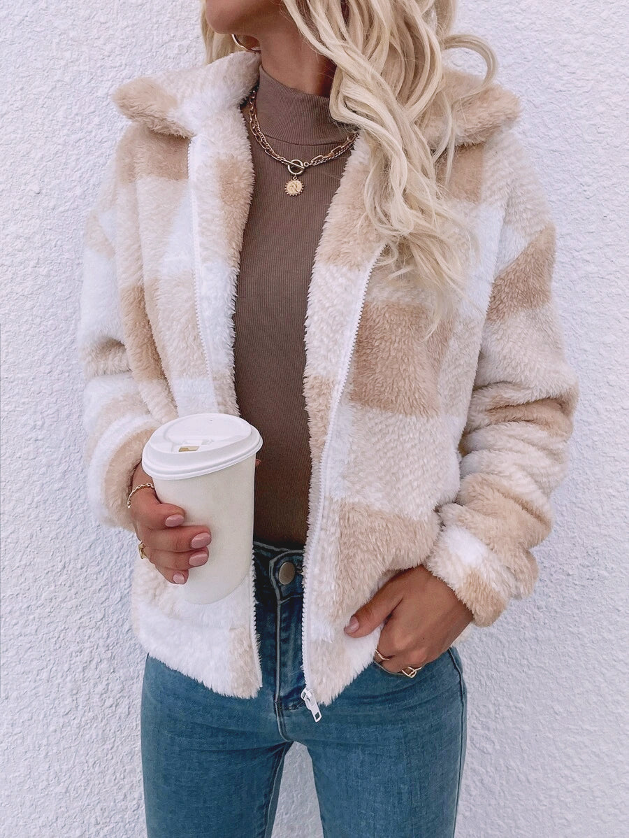 Manteau Polaire Doux à Carreaux Vichy, avec Zip