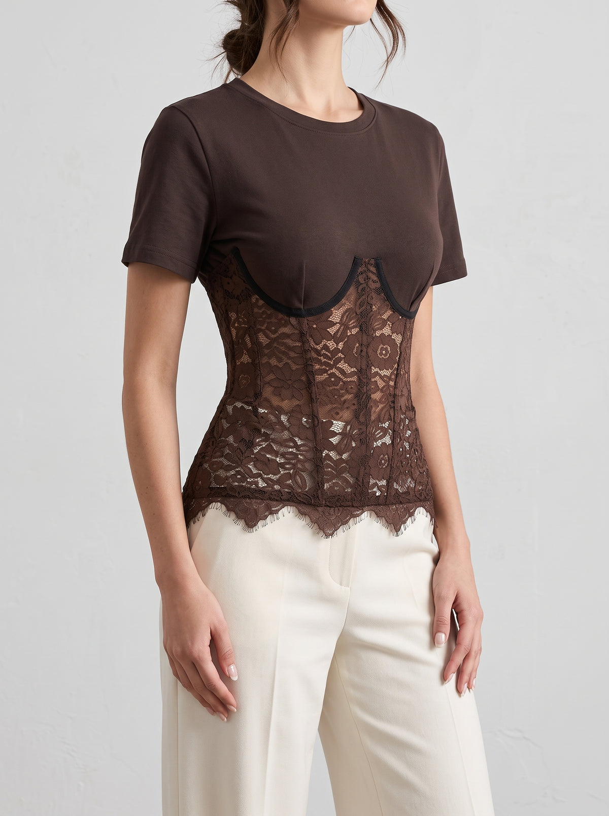 Suzie Fitted Lace Blouse — Brown