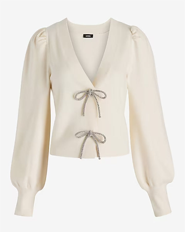 Cardigan Tendance, Col en V, Nœud Brodé