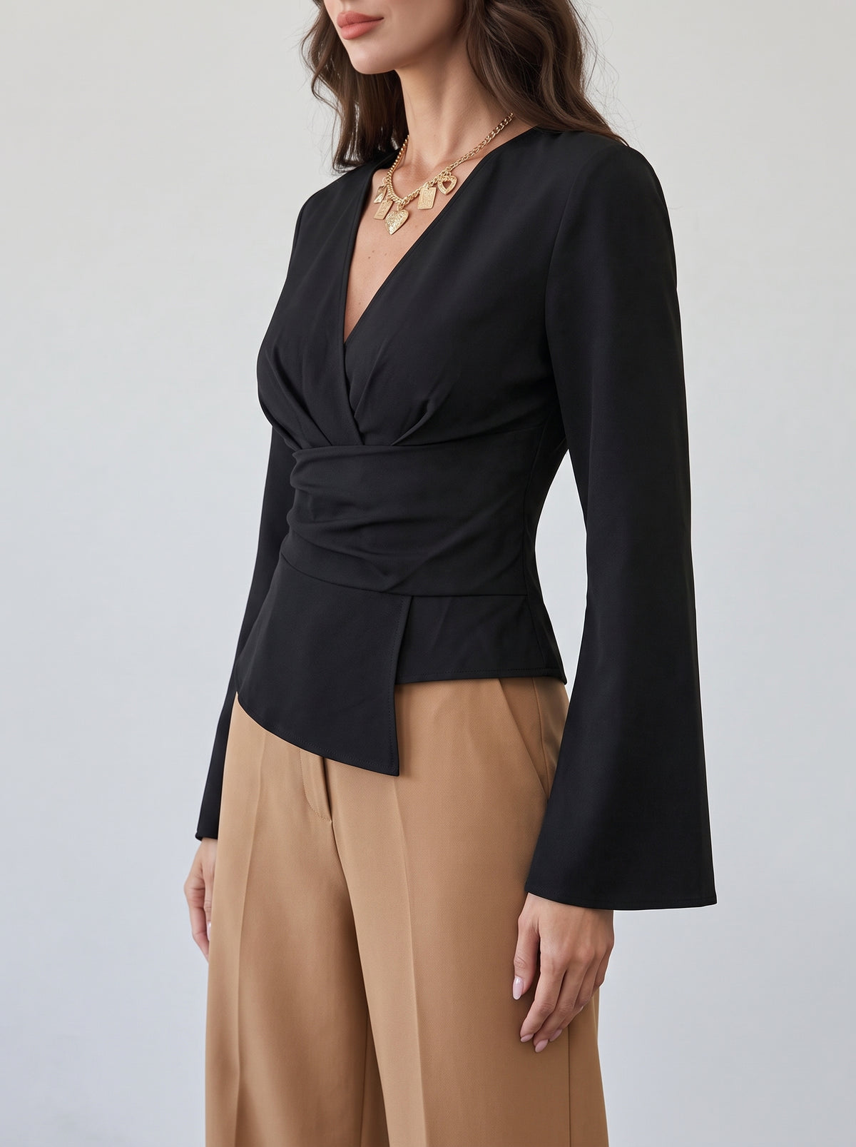 Chantelle Asymmetric Flared Sleeve Blouse — Black