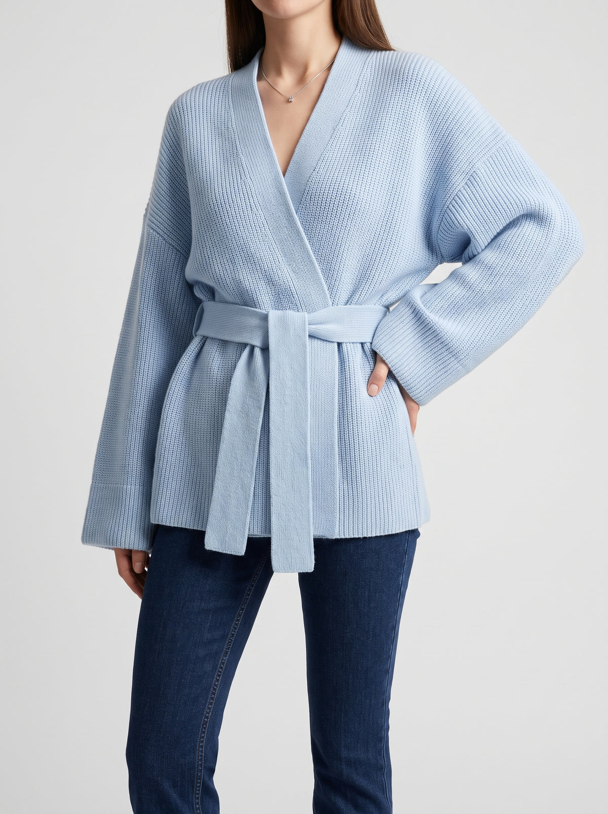 Georgine Belted Wrap Cardigan — Blue