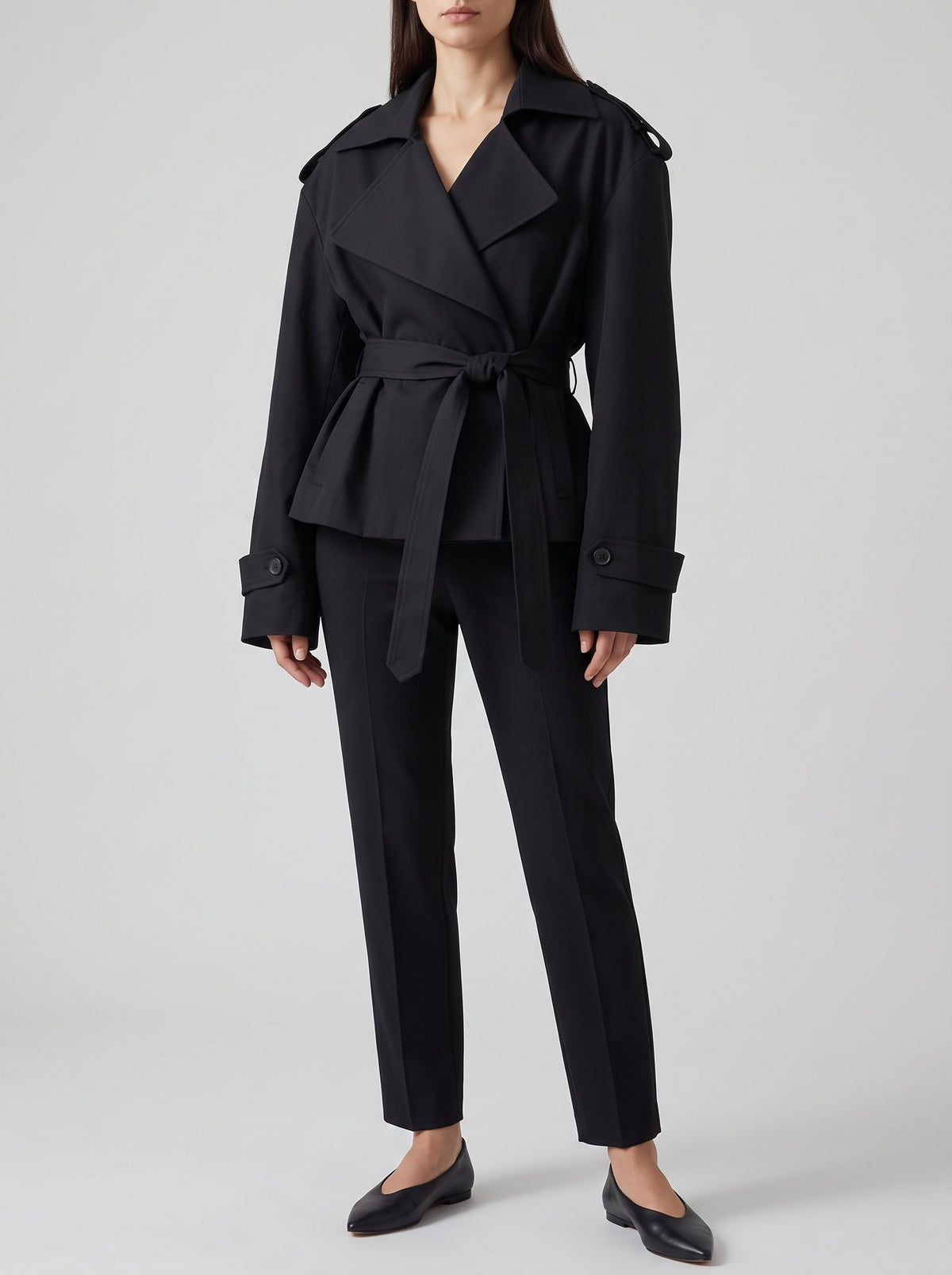 Molly Belted Cropped Trench Coat - Black