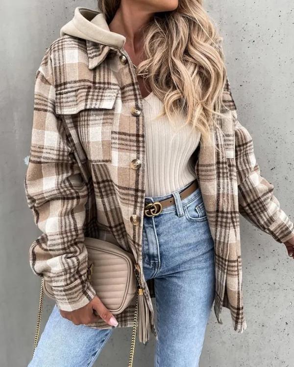 Veste-Chemise Tendance à Capuche, Carreaux