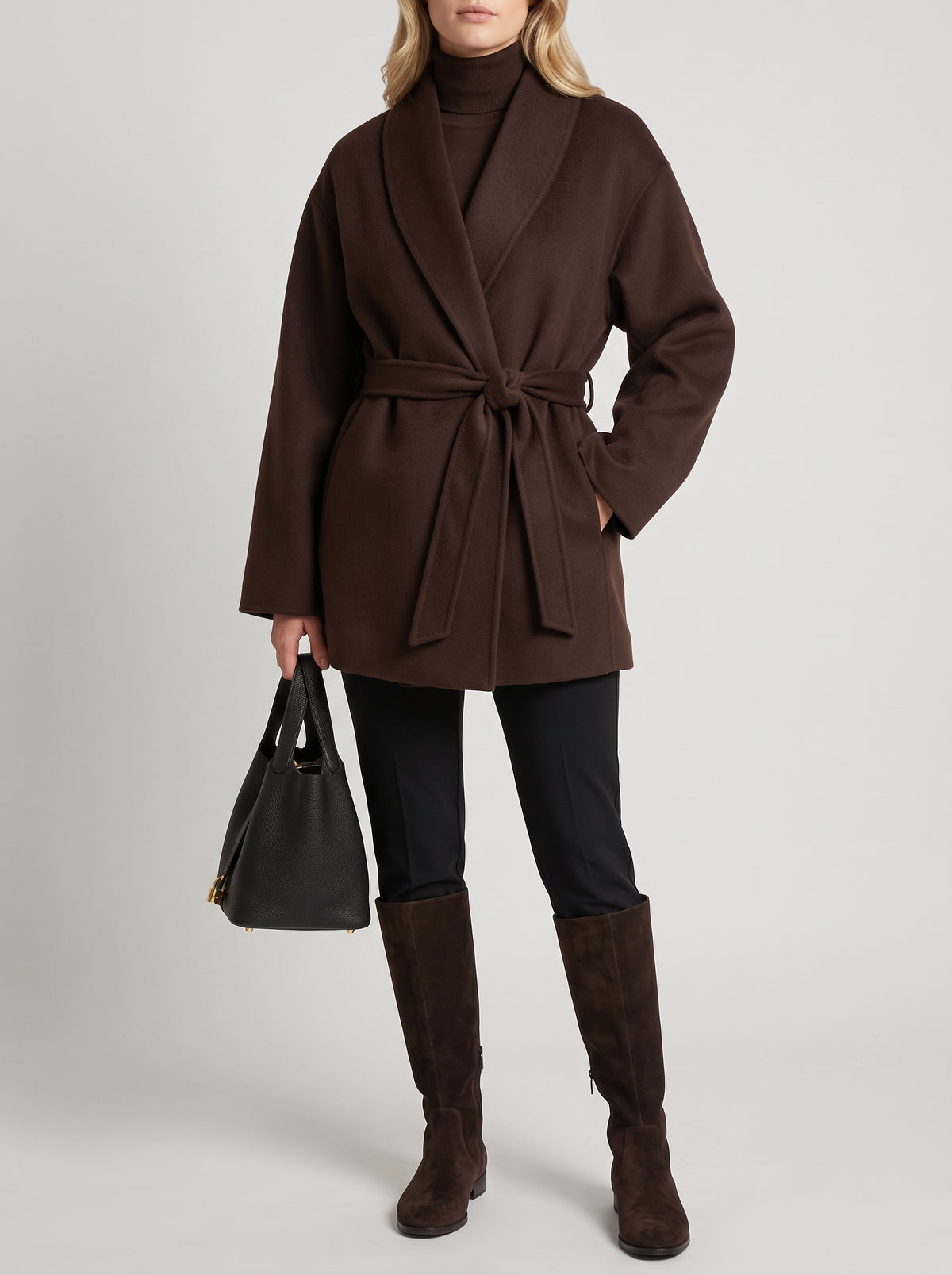 Monica Oversized Leather Wrap Coat — Brown