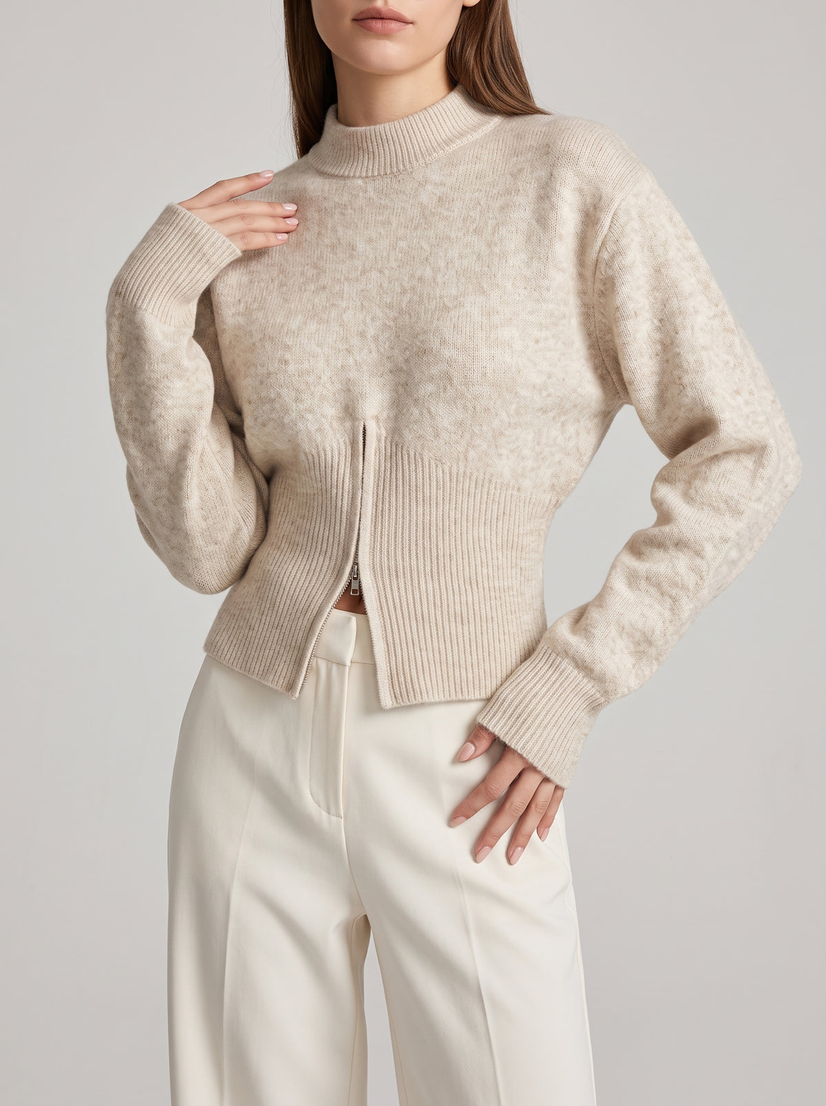 Adahlia Slim-Waist Zip Jumper - Beige