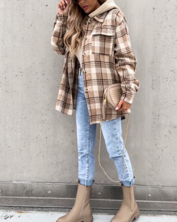 Veste-Chemise Tendance à Capuche, Carreaux