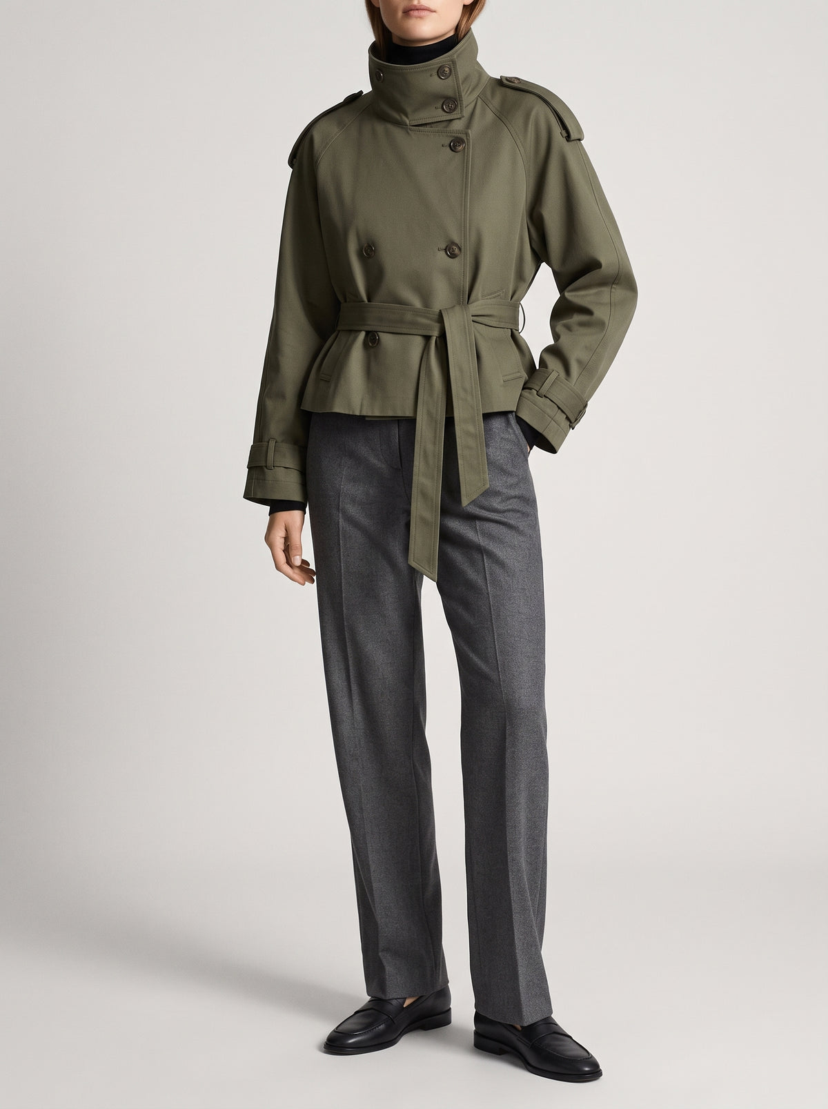 Thea Belted Cropped Trench Coat - Olive