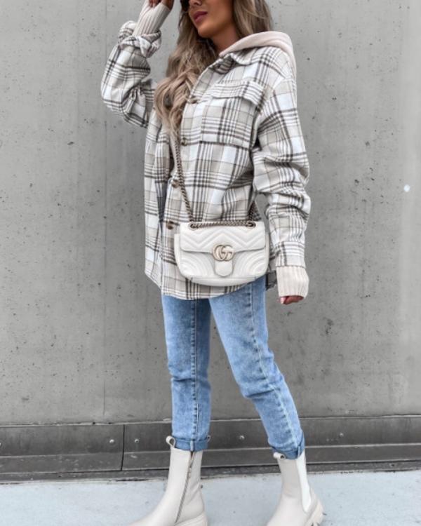 Veste-Chemise Tendance à Capuche, Carreaux
