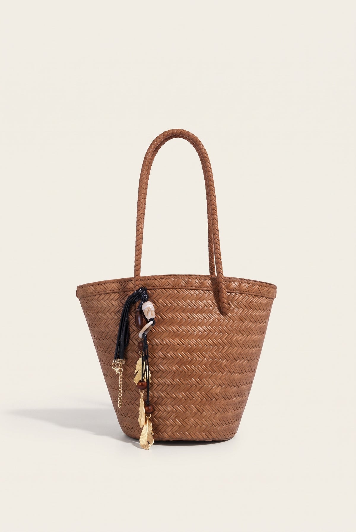 Meryl Woven Bucket Bag with Pouch — Light Brown